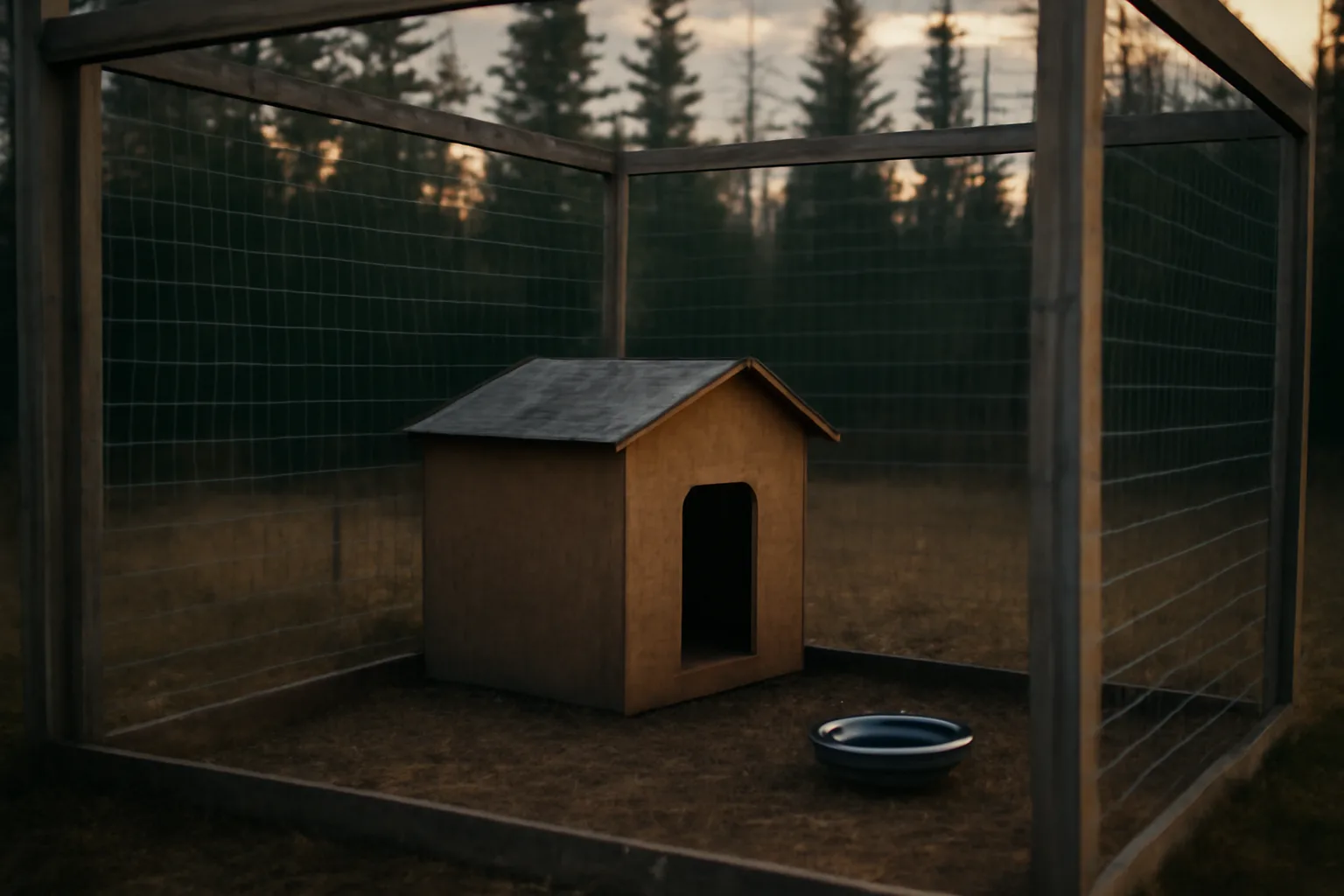 Backyard Alaska wildlife rehabilitation enclosure with spruce trees and wire mesh.