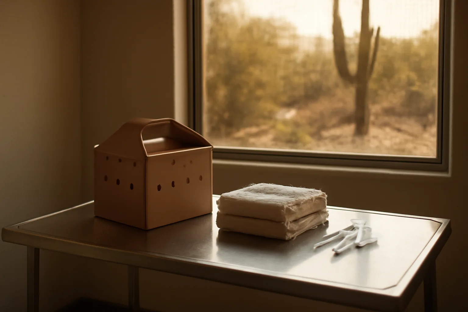 Sunlit Arizona wildlife rehabilitation intake room with exam table and supplies.