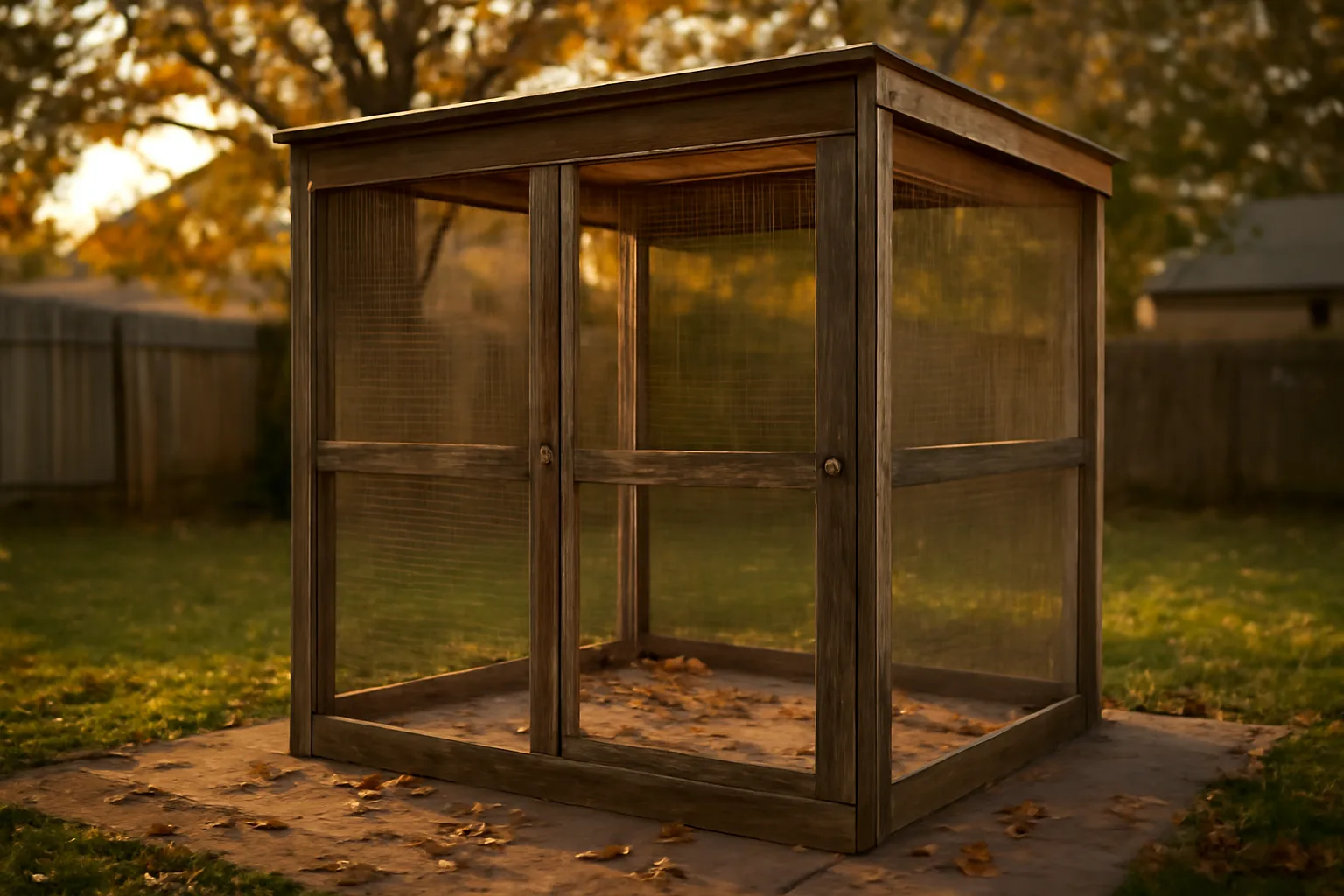 Wooden wildlife rehab flight enclosure in Arkansas backyard at golden hour