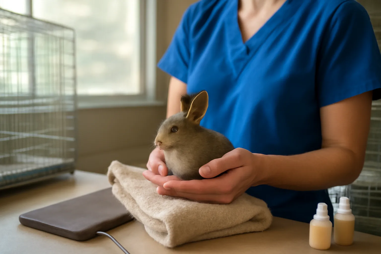Person holding a baby cottontail rabbit inside a Colorado wildlife rehabilitation room