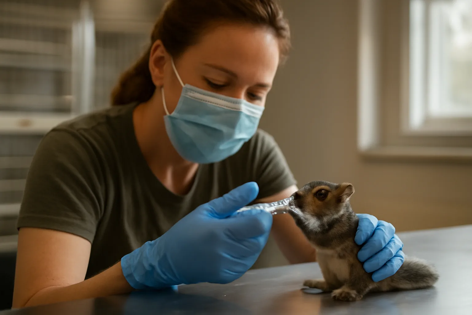 Wildlife rehabilitator feeding a squirrel in a Connecticut rehab facility.