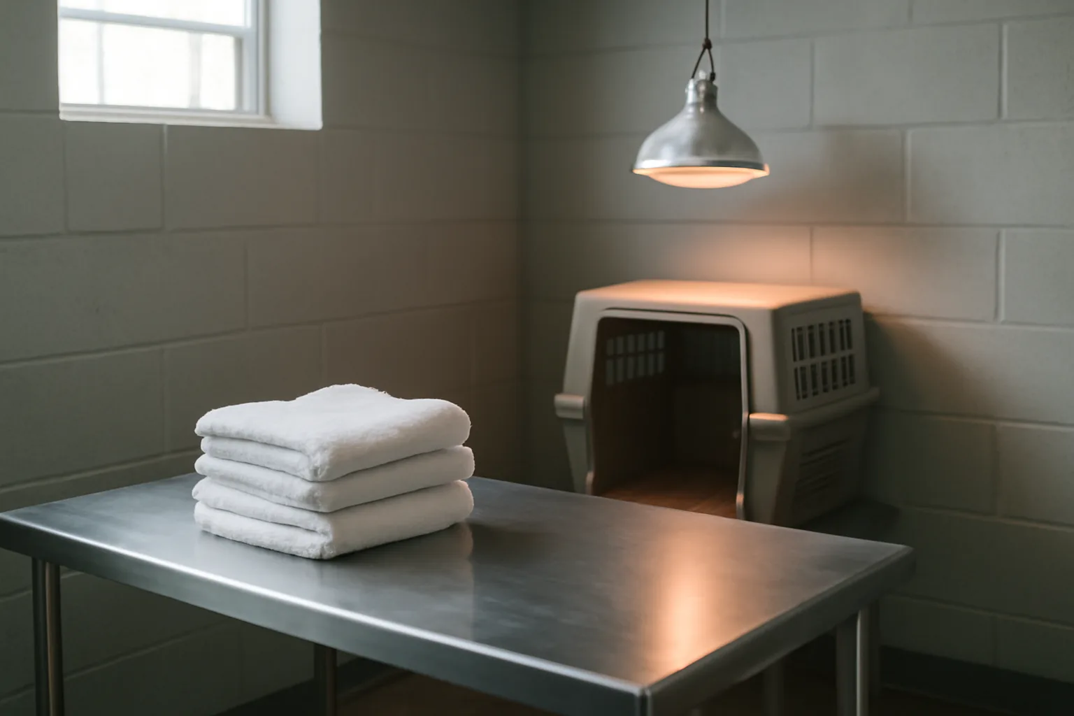 Wildlife rehabilitation intake room with heat lamp over a plastic animal crate
