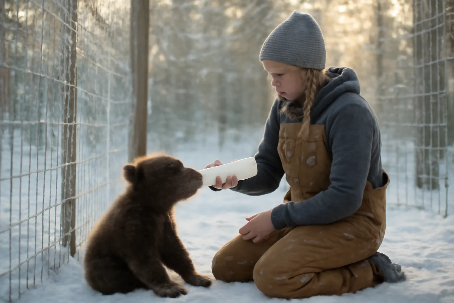 Wildlife rehabilitator feeding a bear cub in an Alaska enclosure during winter