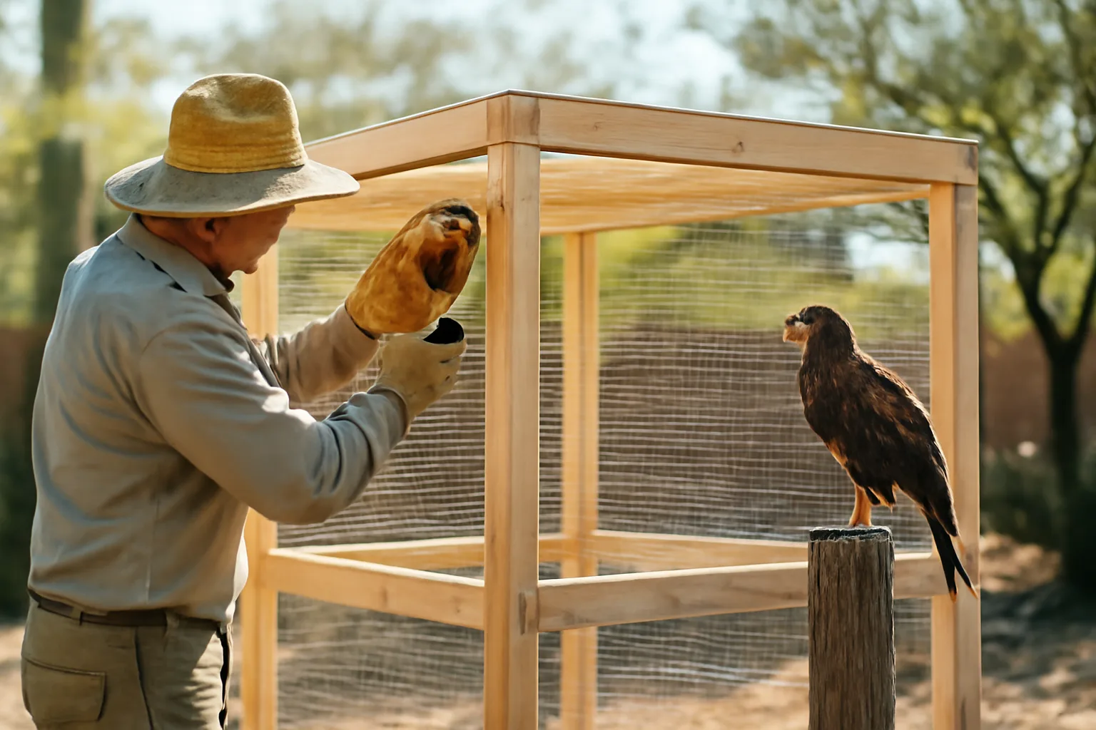 Wildlife rehabilitator building a raptor enclosure in Arizona.