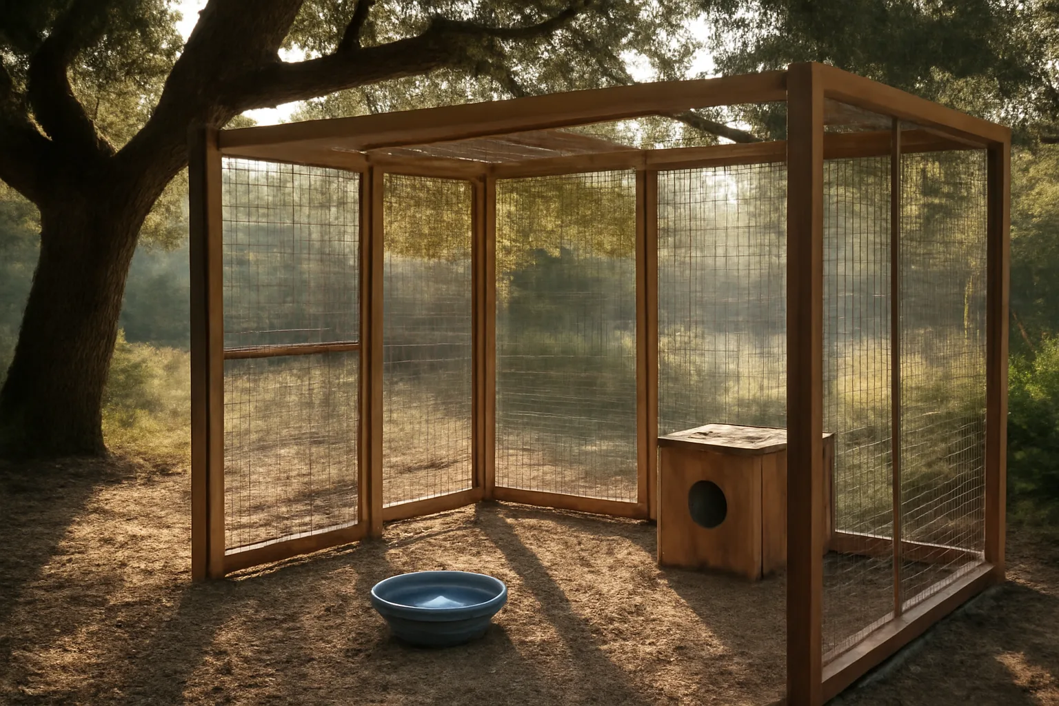 Backyard wildlife rehab enclosure with wire mesh and nesting box