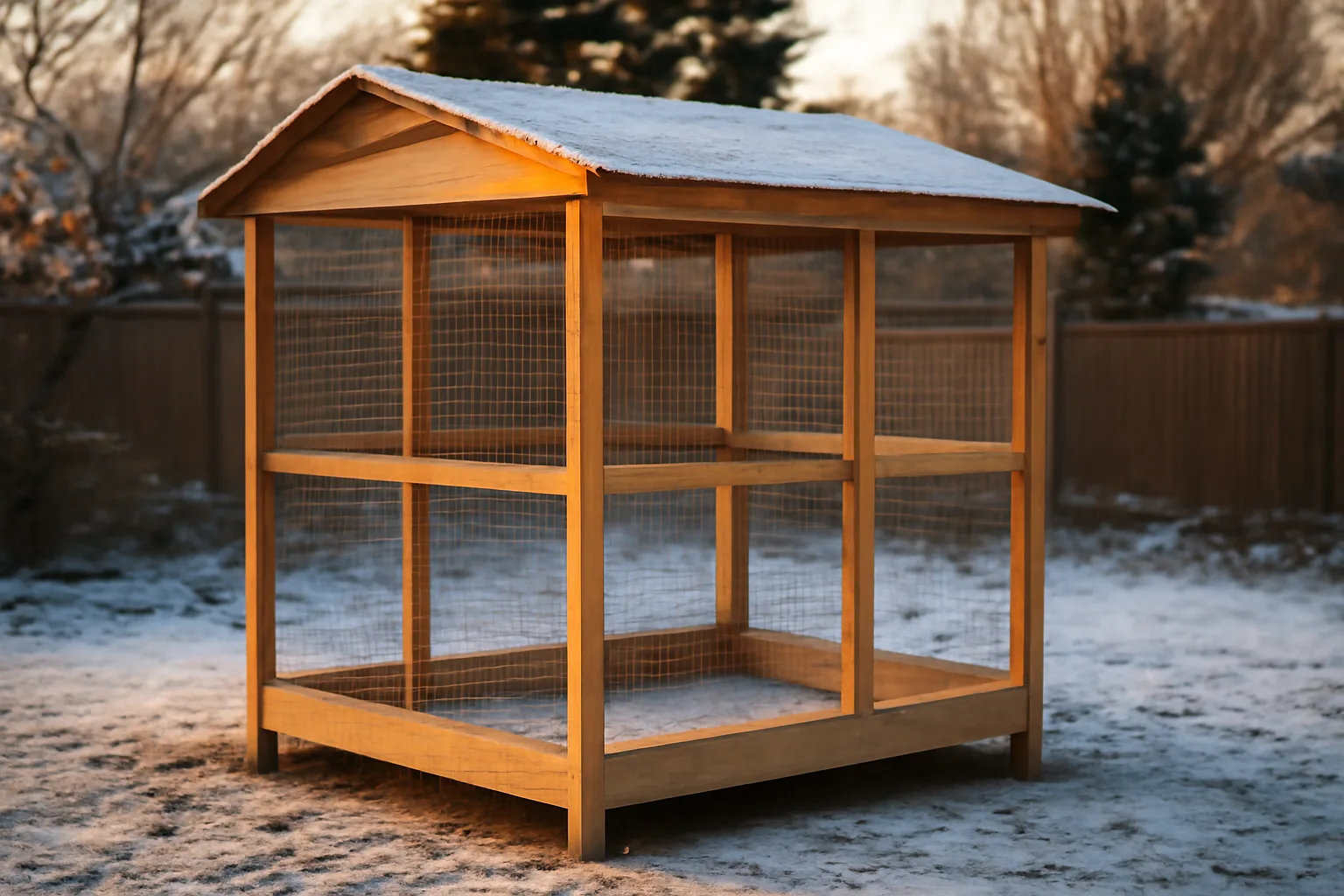 Wildlife rehabilitation raptor enclosure in a Colorado backyard with snow on the ground