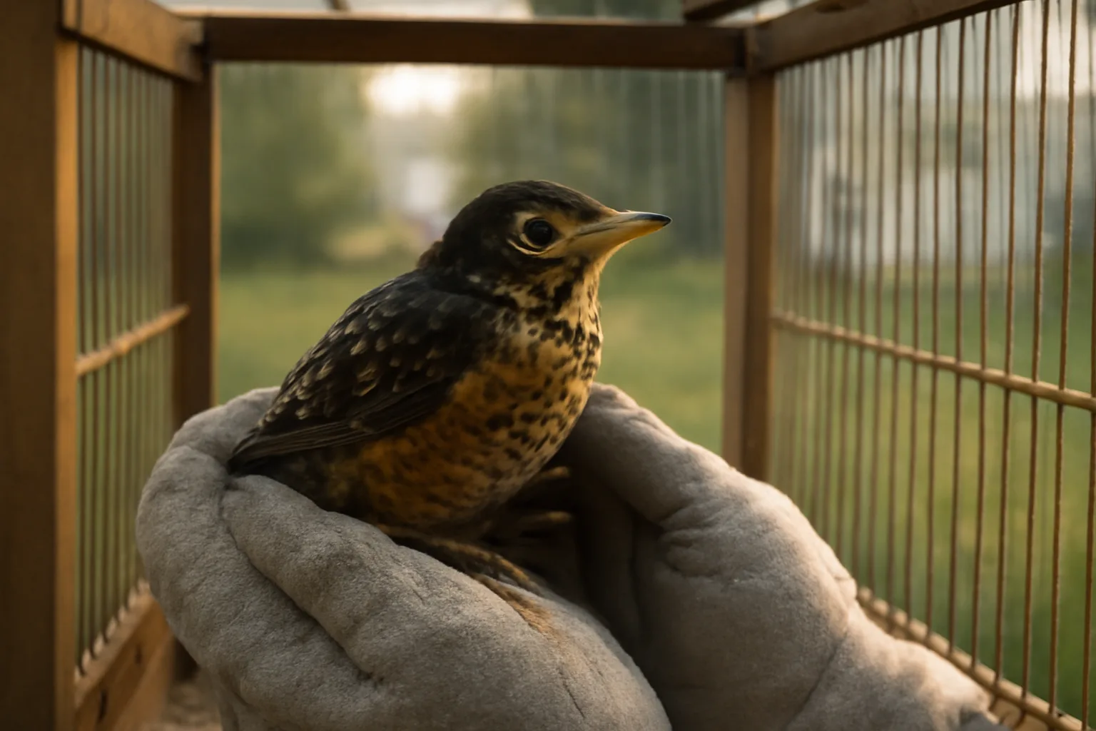 Wildlife rehabilitator caring for a robin in a Connecticut enclosure.