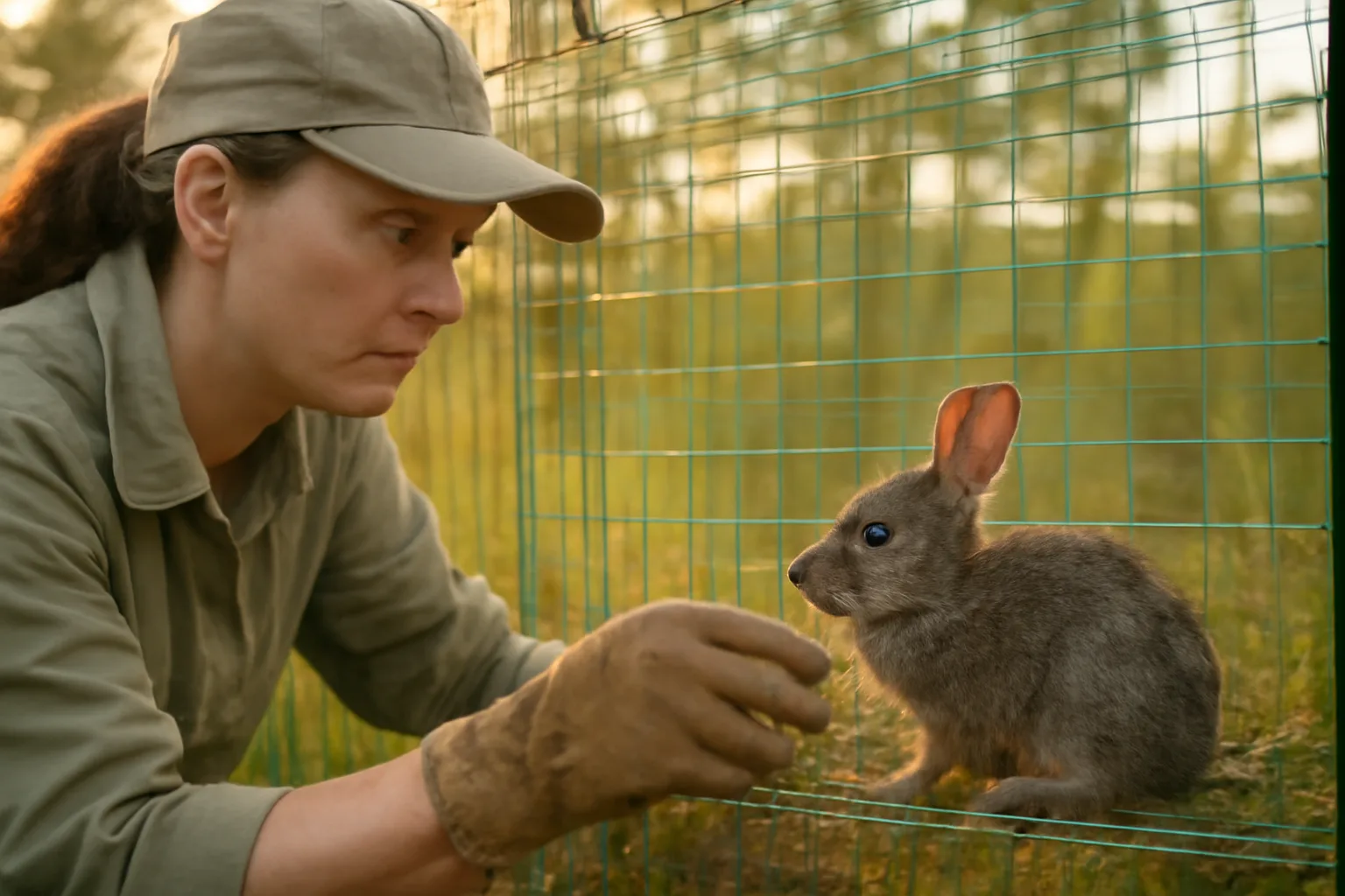 Wildlife rehabilitator examining a rabbit in an enclosure in Alabama