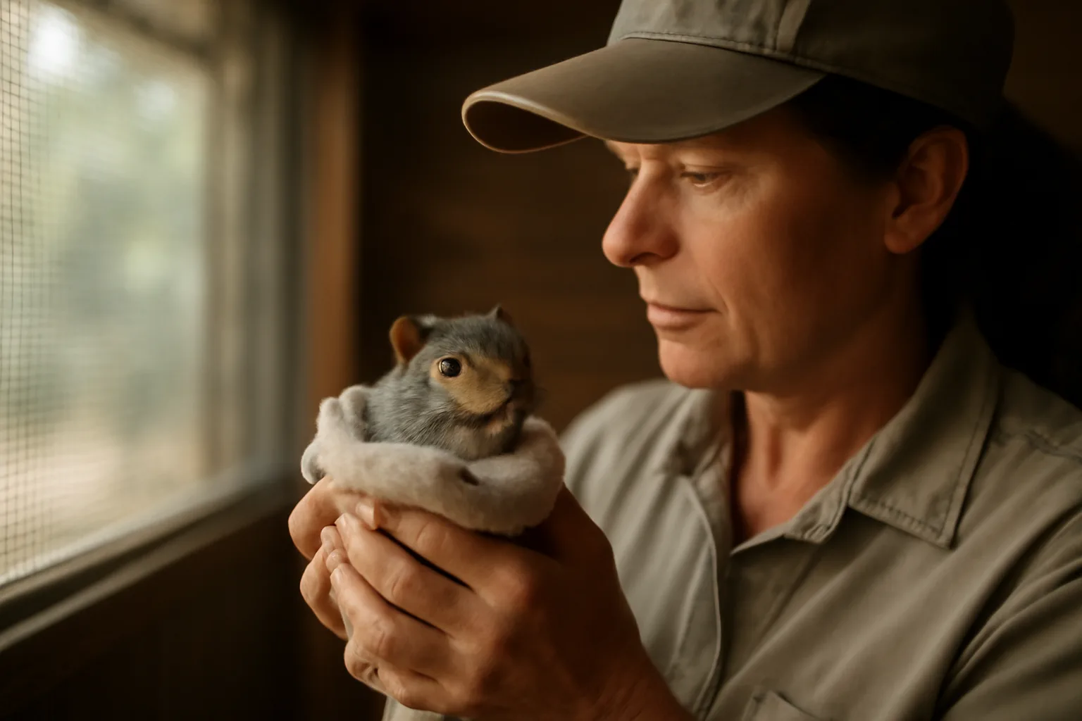 Rehabilitator holding juvenile squirrel in Arkansas wildlife enclosure