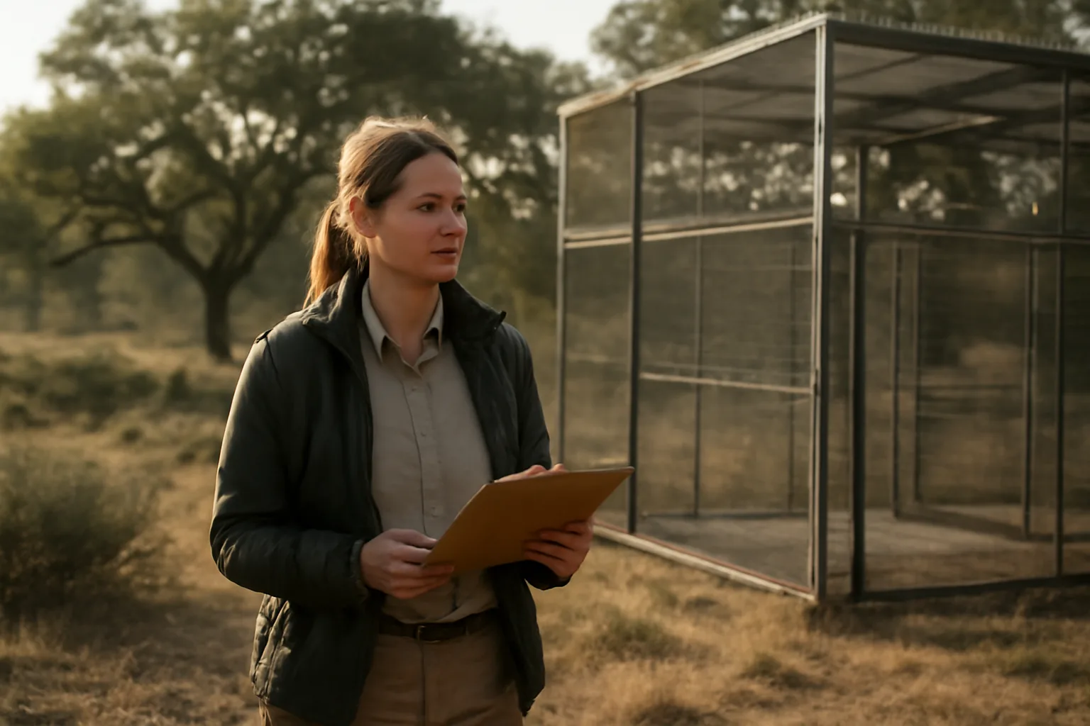 Wildlife rehabilitator inspecting an outdoor enclosure in California scrubland
