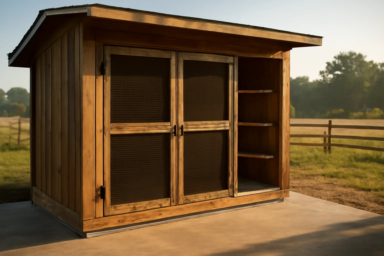 Wooden raptor enclosure with double-door safety entrance in a rural Alabama backyard rehabilitation facility