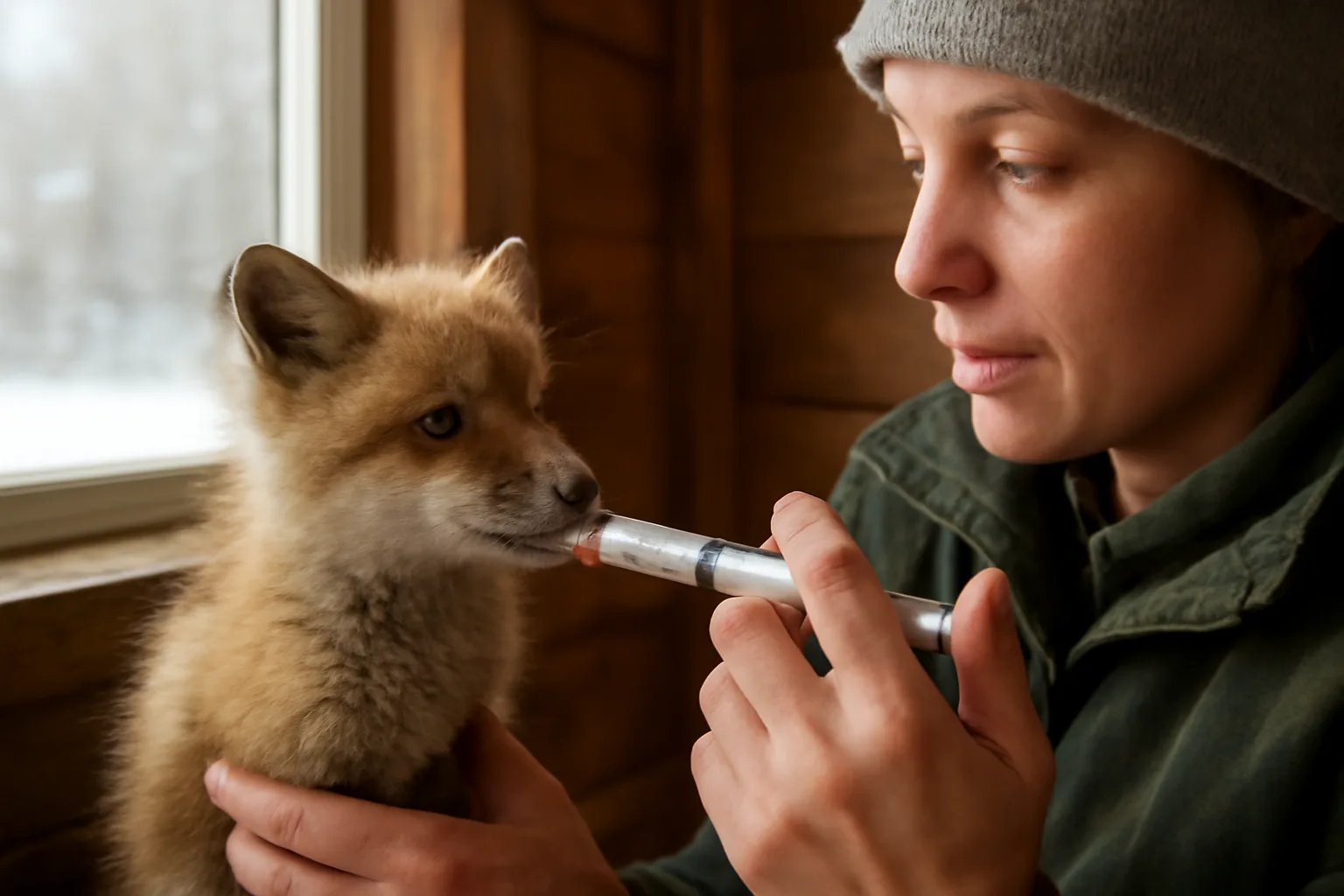 Wildlife rehabilitator feeding a fox kit in Alaska