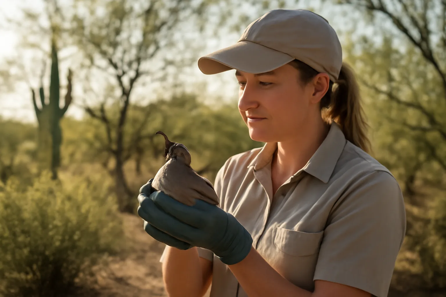 An Arizona wildlife rehabilitator gently holds a baby Gambel's quail in a desert enclosure
