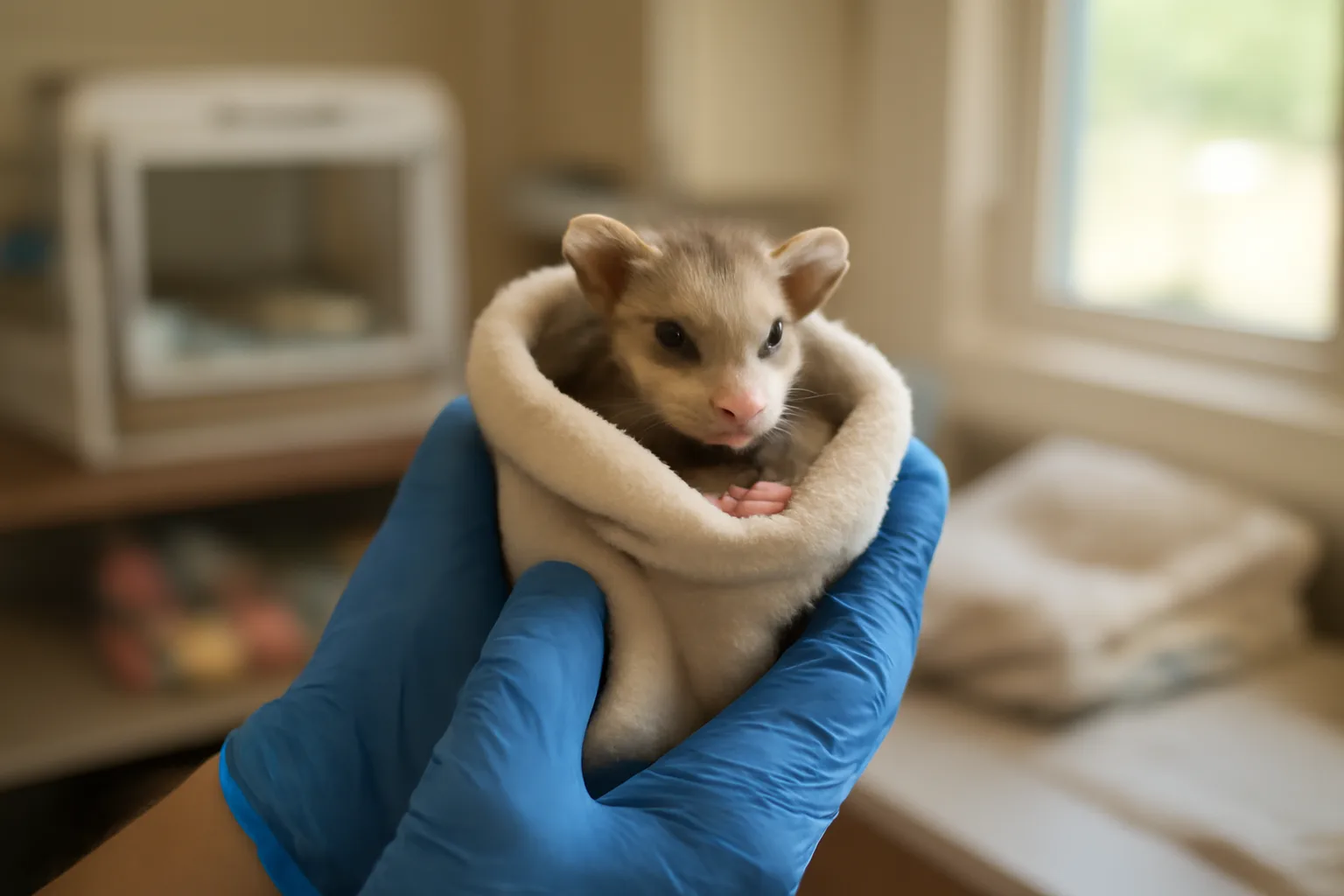 Wildlife rehabilitator caring for an orphaned baby opossum in Arkansas
