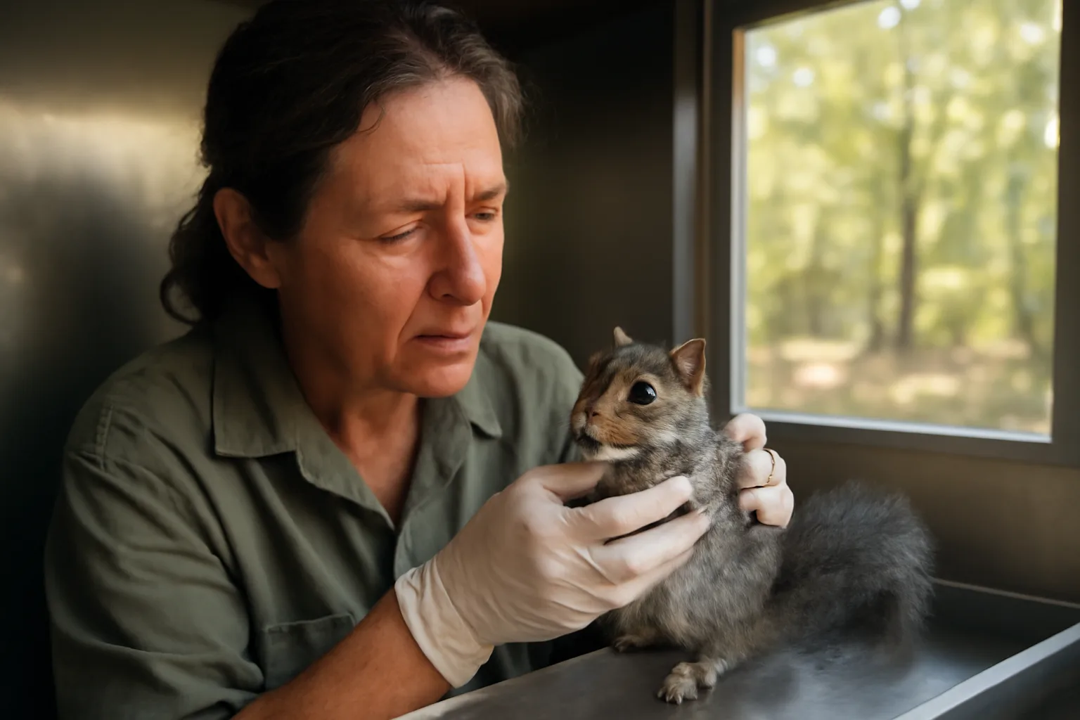 Wildlife rehabilitator examining a squirrel in a facility in Connecticut