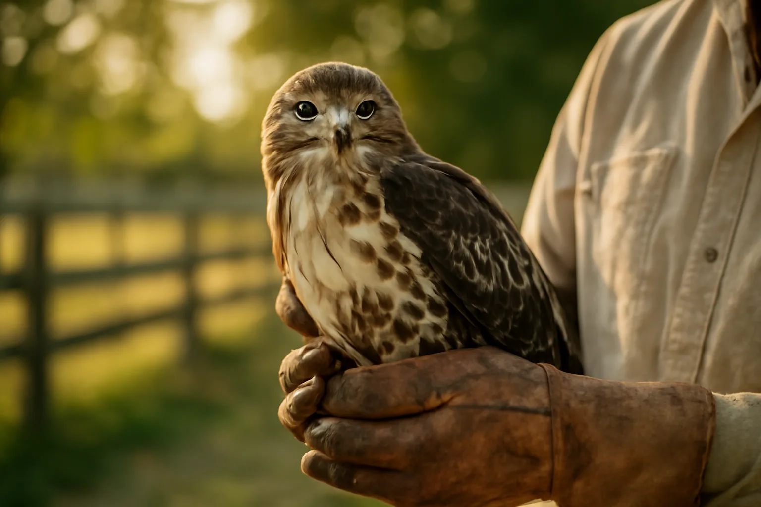 Wildlife rehabilitator holding an injured red-tailed hawk in a Tennessee outdoor enclosure