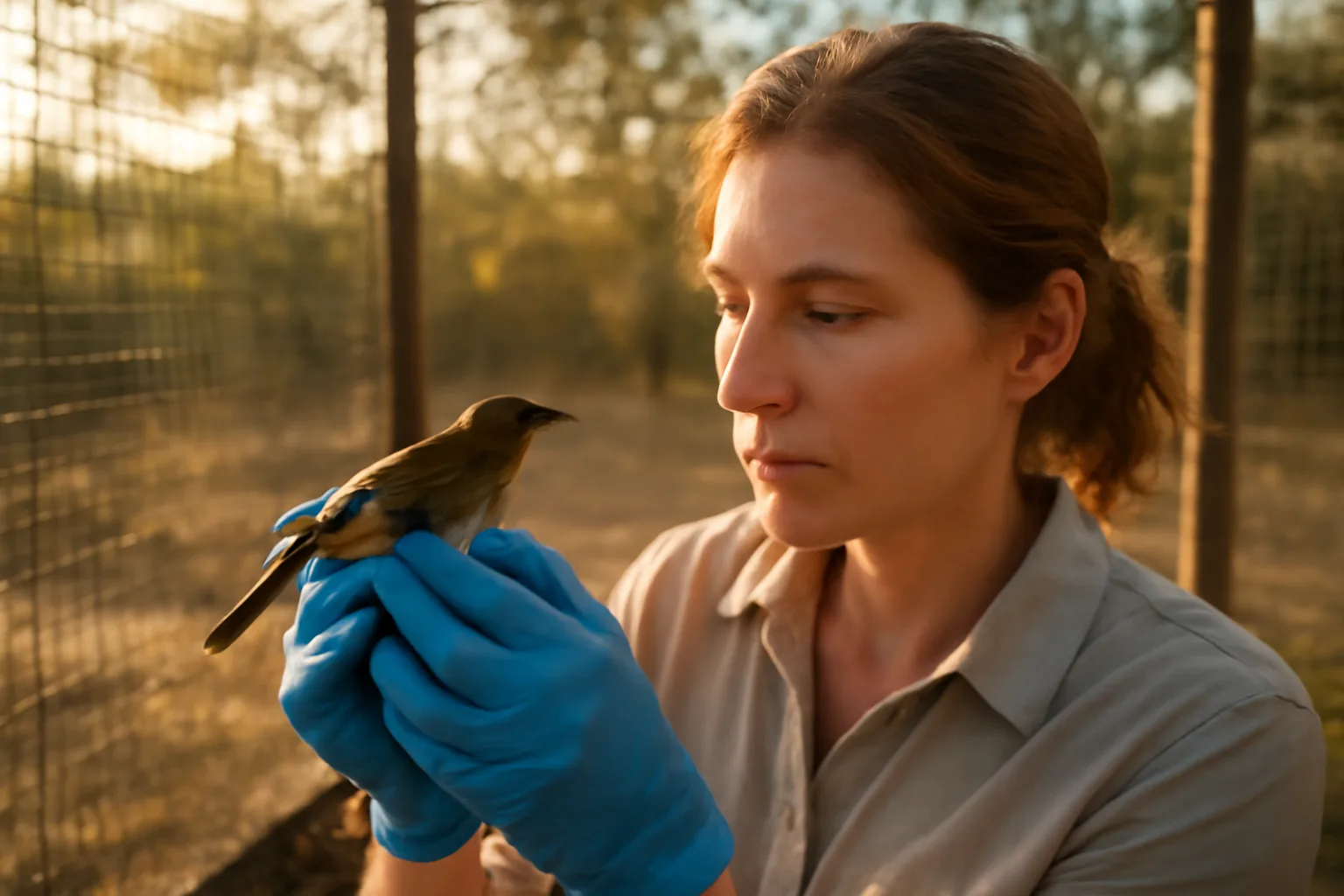 Wildlife rehabilitator in gloves examining a small songbird inside a Texas outdoor enclosure