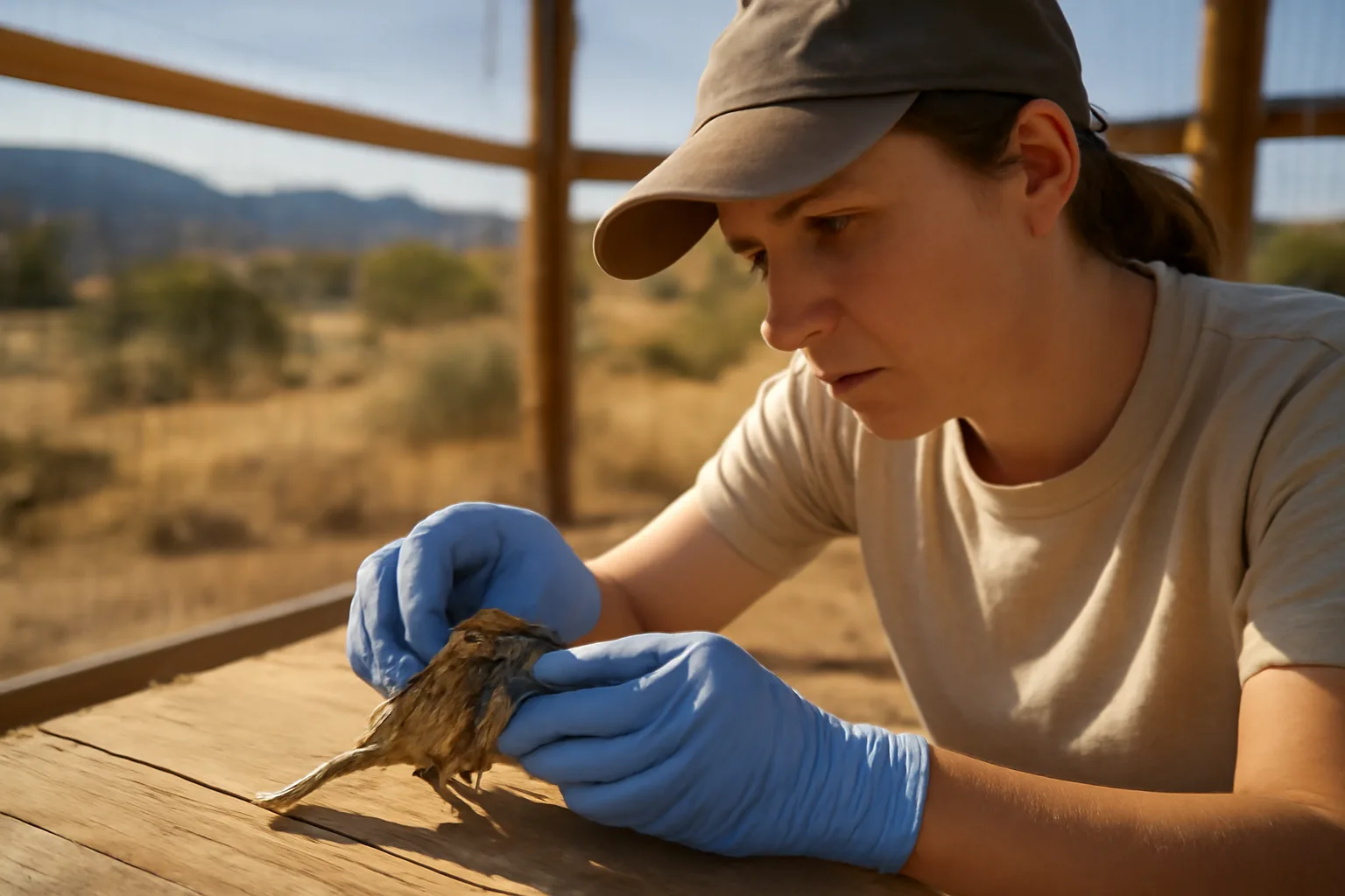 Wildlife rehabilitator with gloves holding a small songbird at a Utah rehab facility