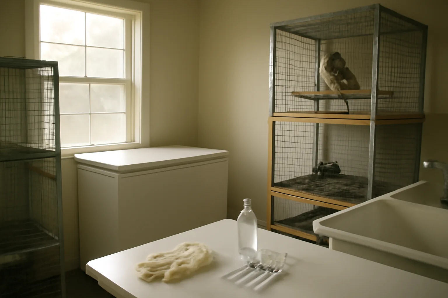 Small home wildlife rehabilitation room in Alabama with clean enclosures and supplies