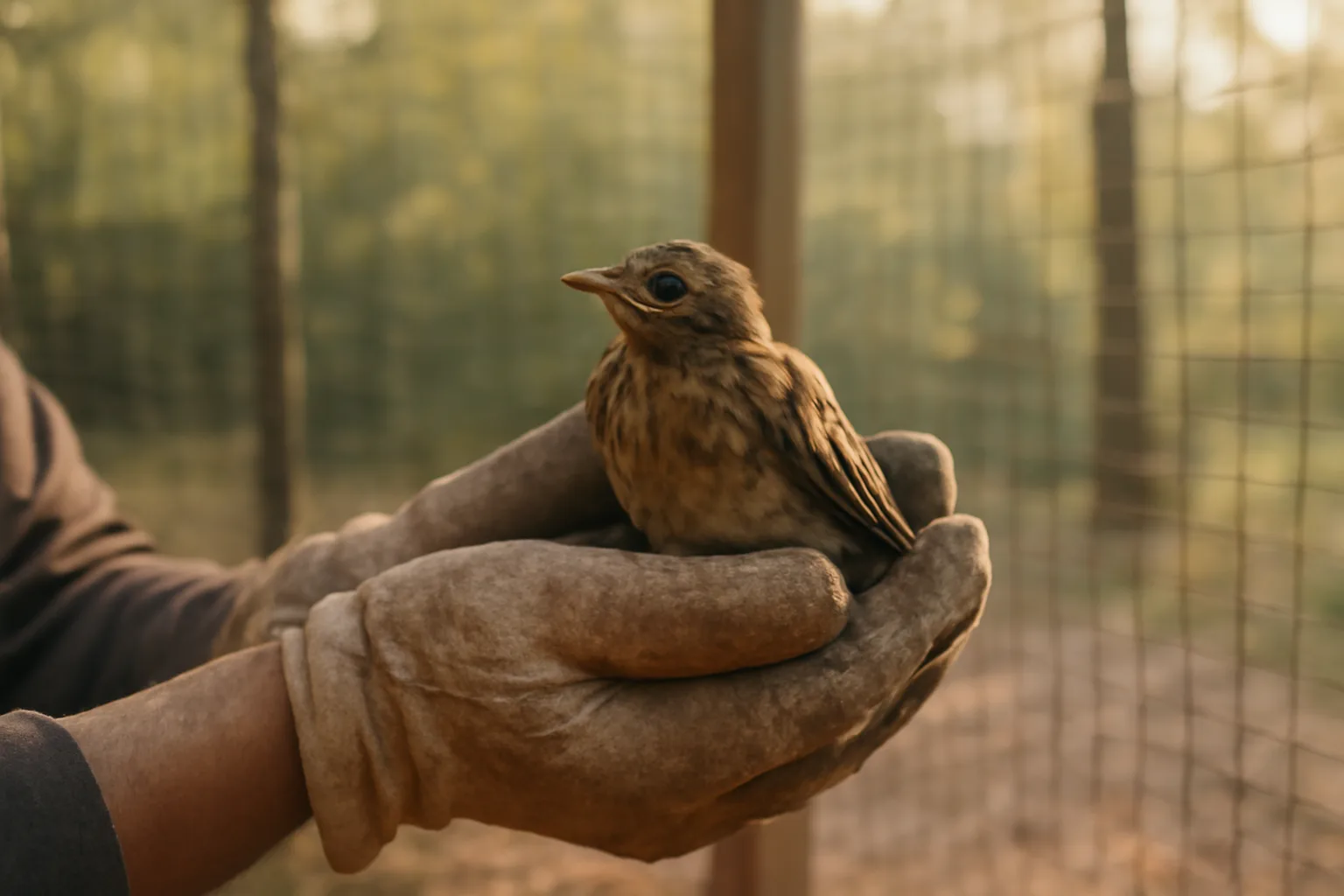 Rehabilitator holding an injured songbird inside a sunlit Tennessee enclosure