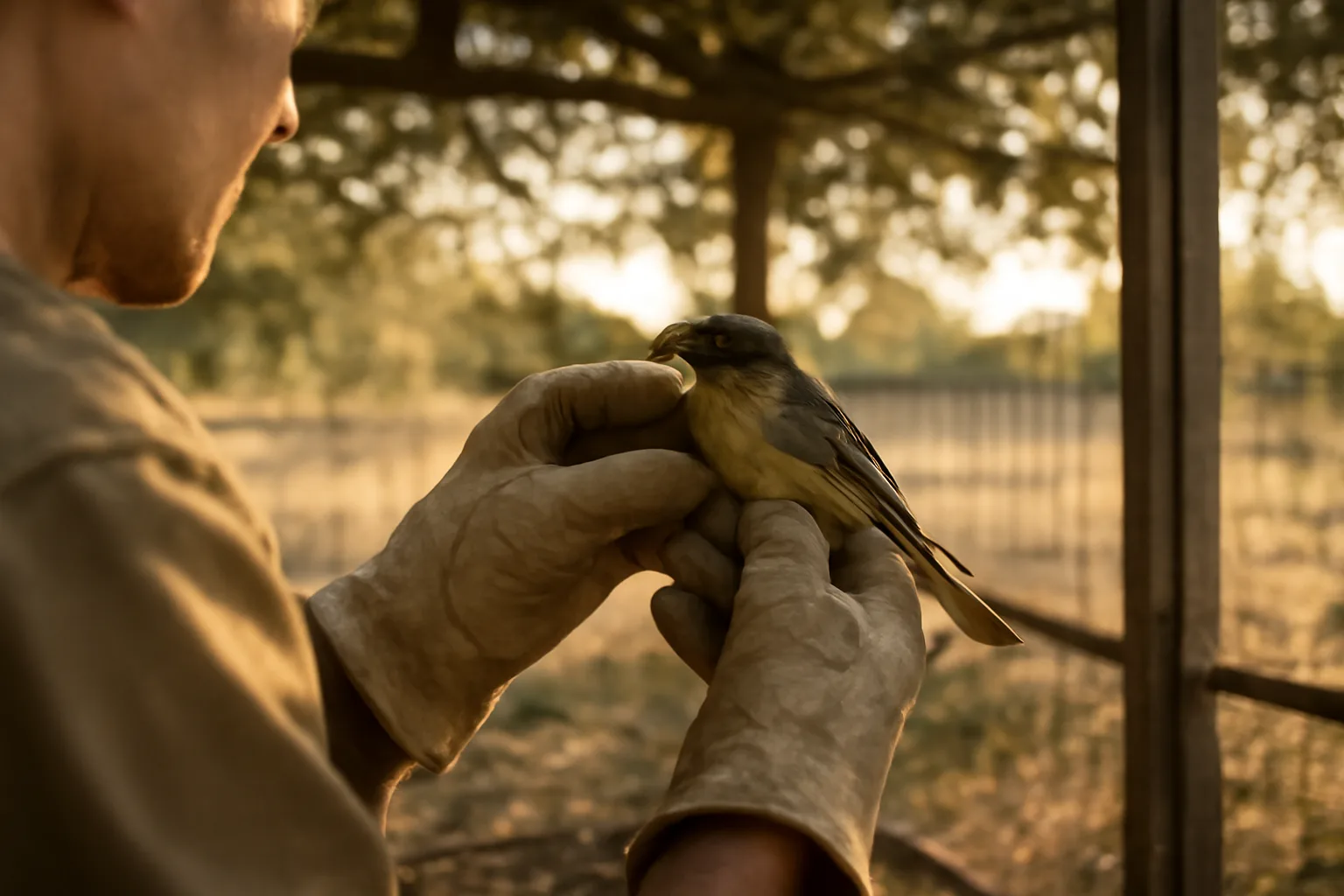 Wildlife rehabilitator examining an injured songbird inside a Texas outdoor enclosure