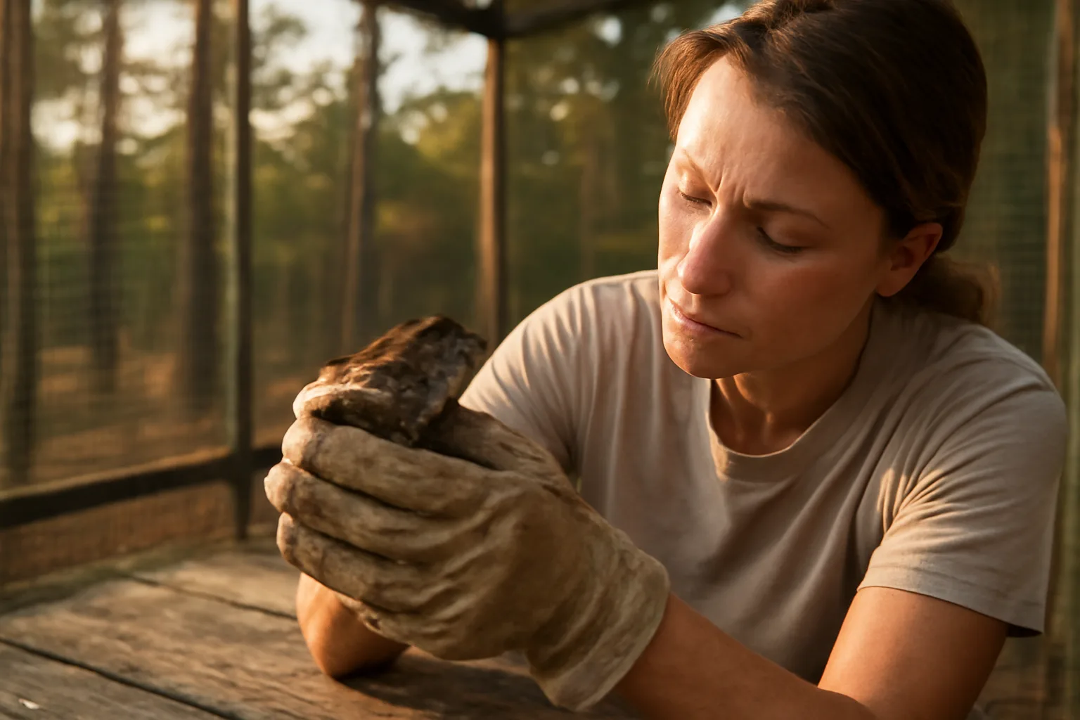 Rehabilitator in gloves examining a small songbird outdoors near wire enclosure panels