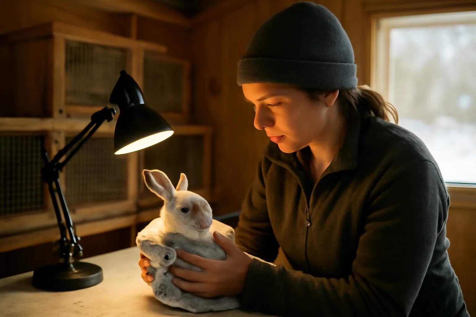 Wildlife rehabilitator in Alaska examining a snowshoe hare in a clean clinic enclosure