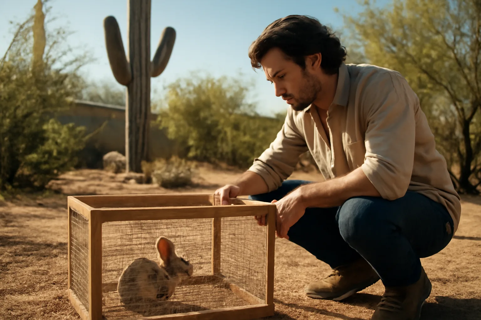 Person checking a wildlife enclosure in a desert backyard, Arizona wildlife rehab license topic