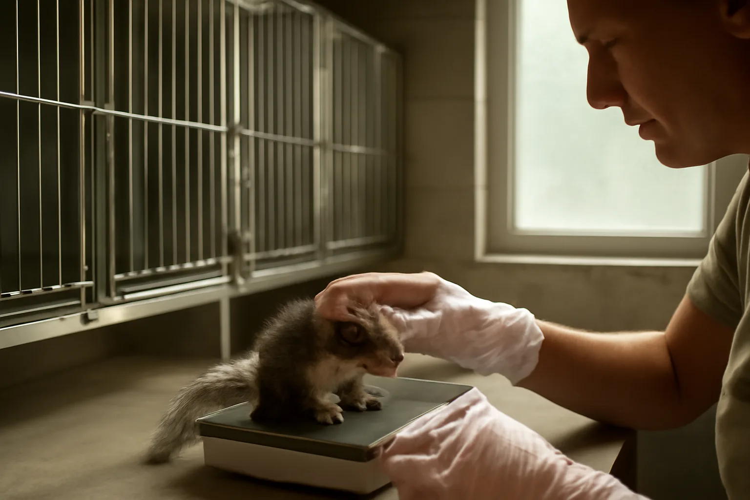 Person in gloves weighing a young gray squirrel inside an Arkansas wildlife rehabilitation room
