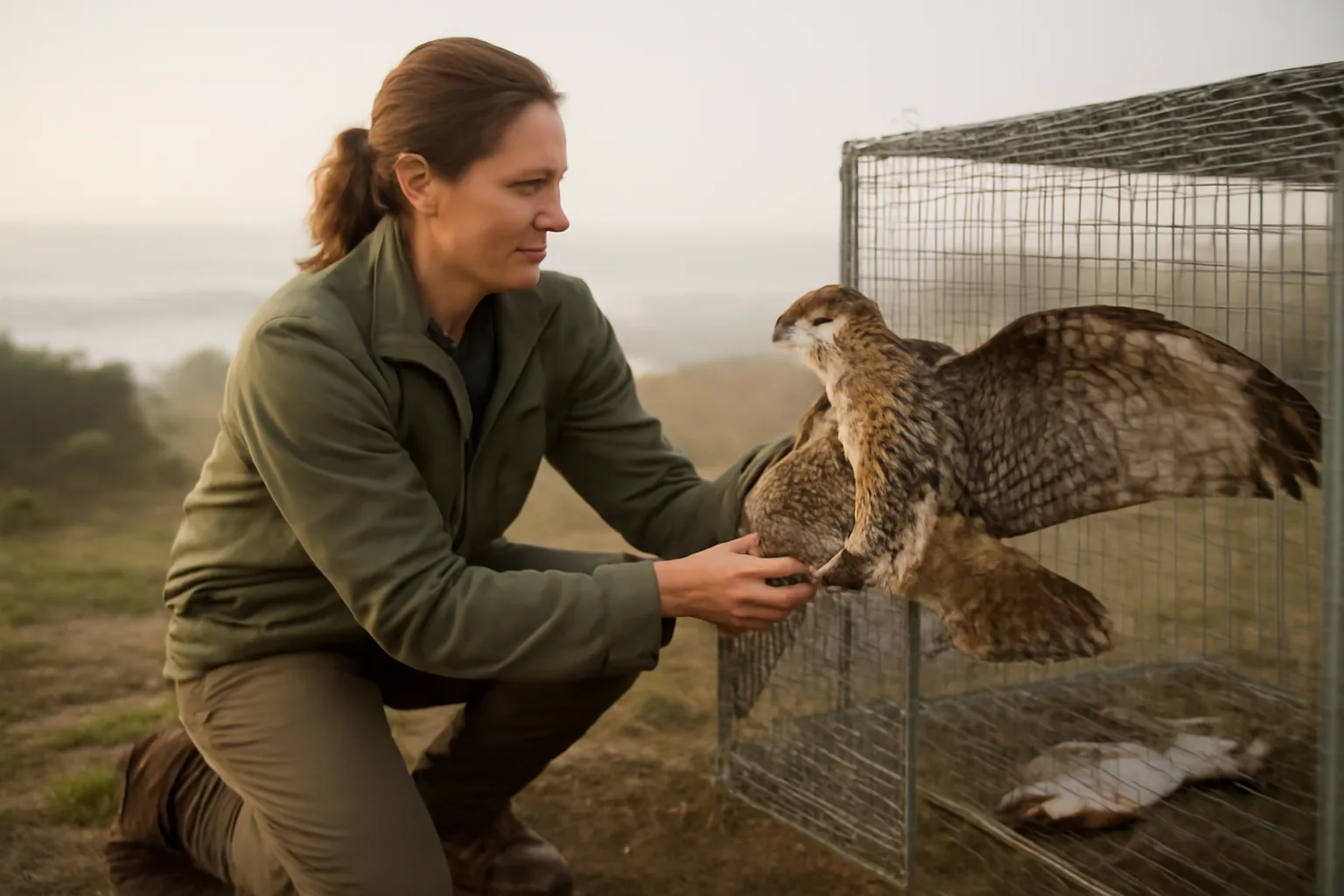 Wildlife rehabilitator releasing a hawk in California enclosure