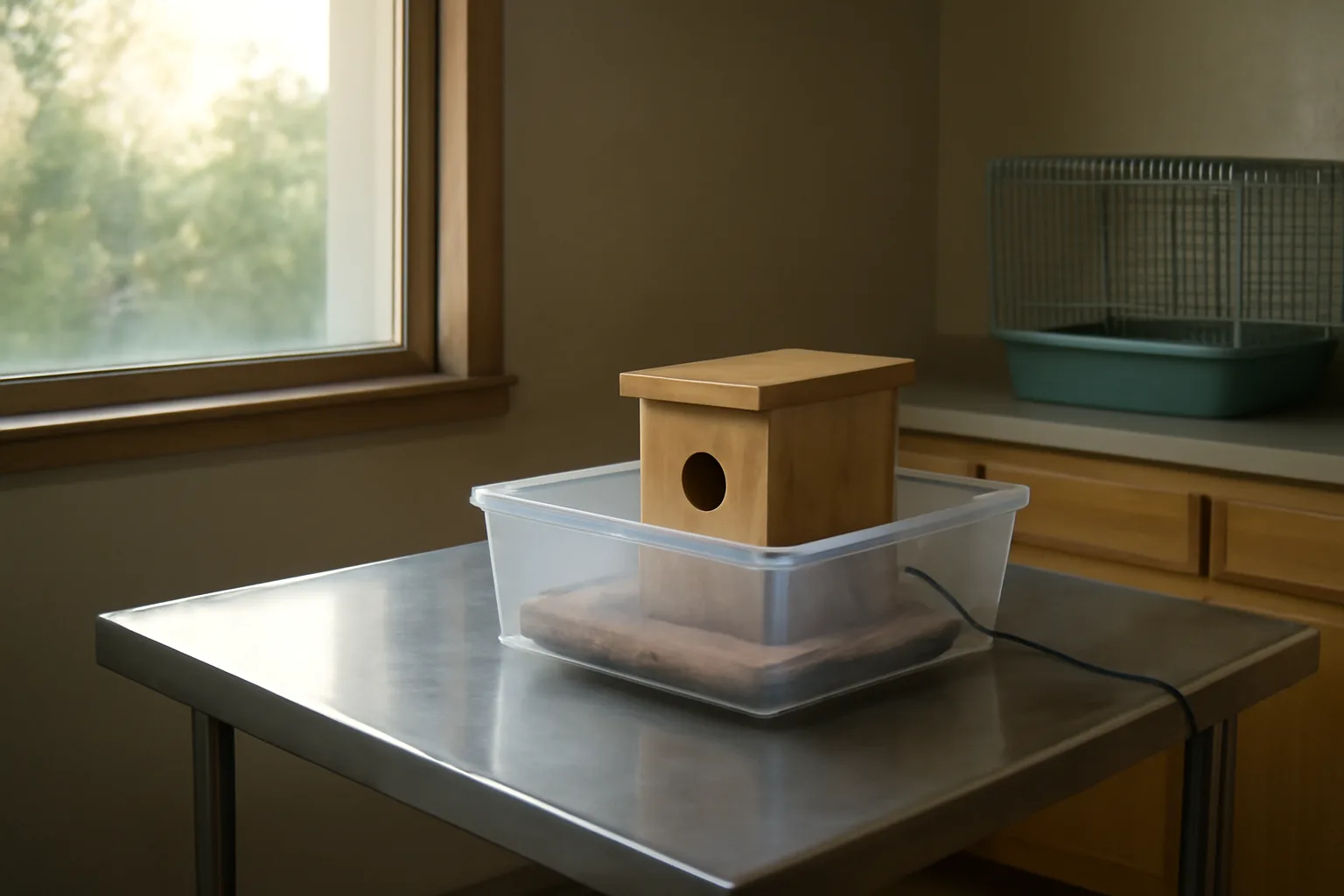 Home wildlife rehab intake room with a small mammal enclosure on a stainless steel table