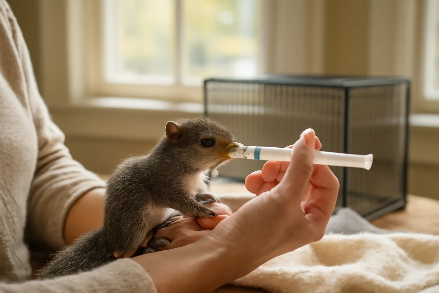 Wildlife rehabilitator feeding baby squirrel in Connecticut, no text.