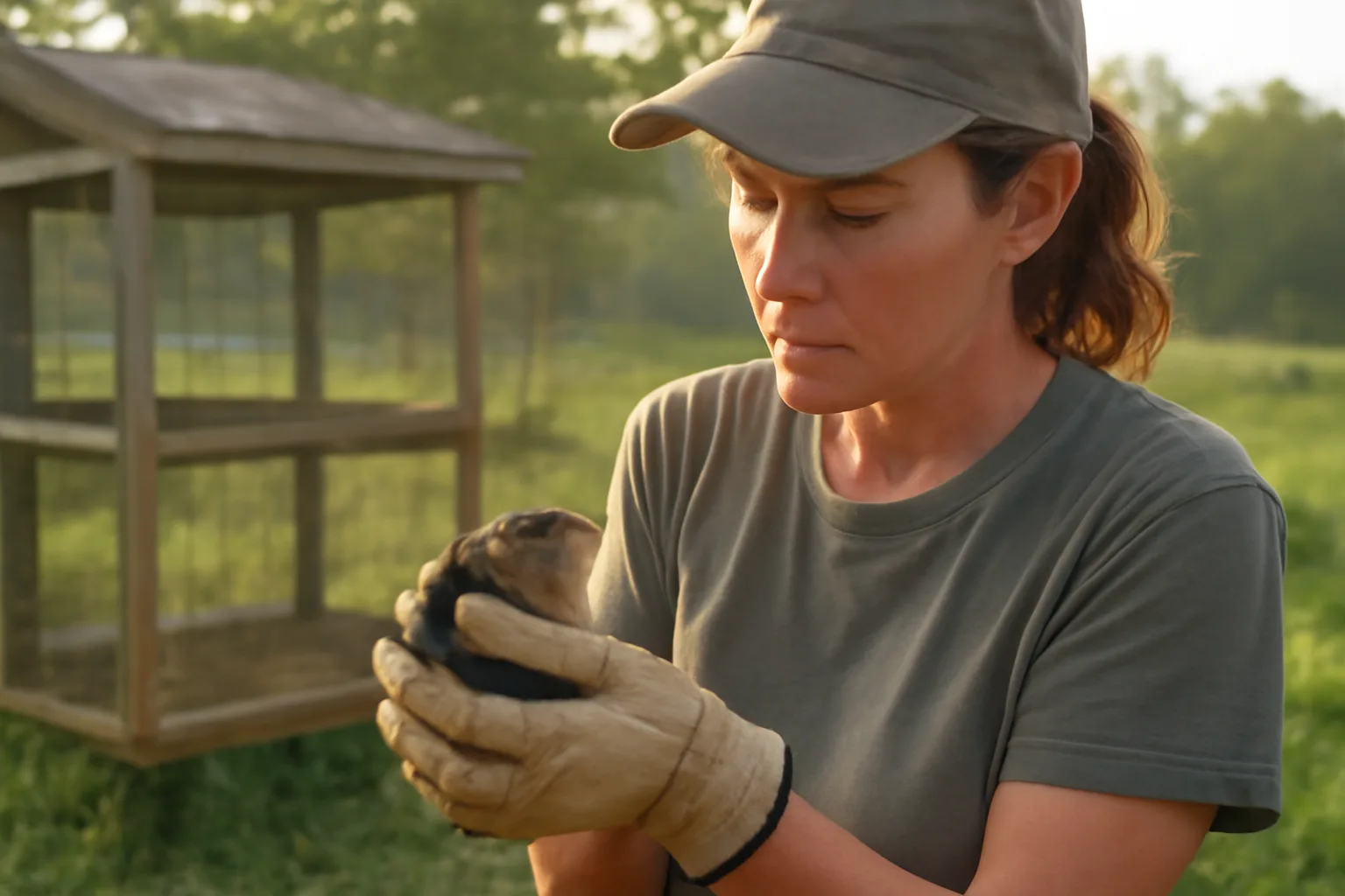 Wildlife rehabilitator holding injured songbird near a wooden flight cage outdoors in Tennessee