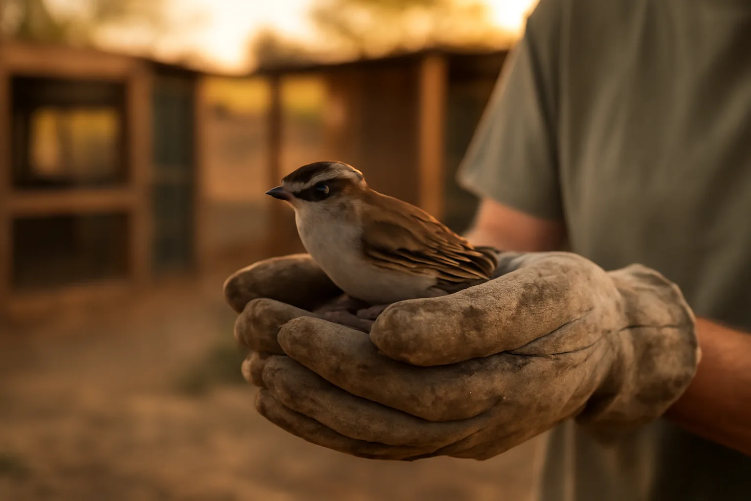Wildlife rehabilitator holding an injured songbird in a Texas rehabilitation facility