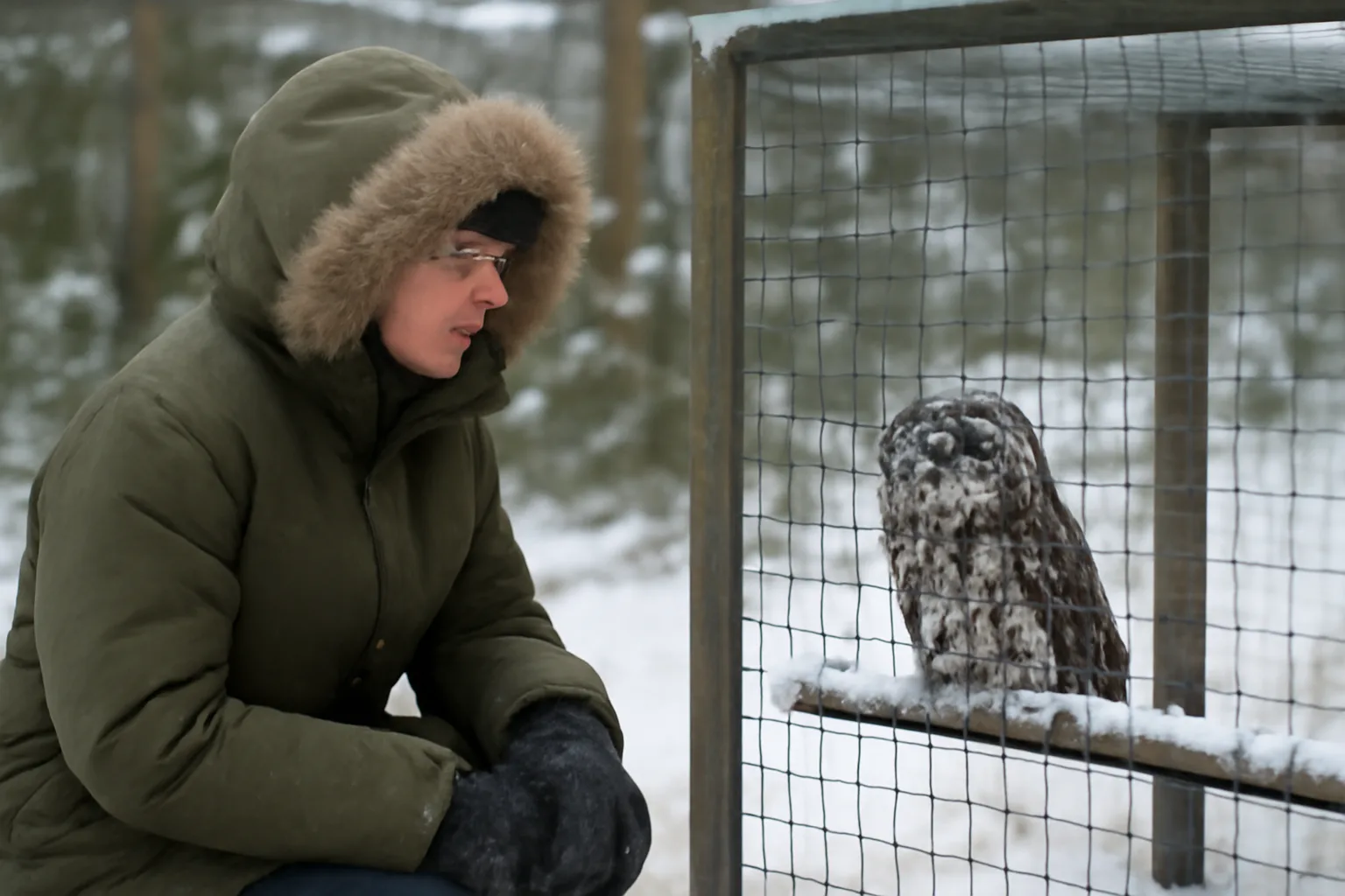 Wildlife rehabilitator in Alaska inspects an owl enclosure during permit renewal season