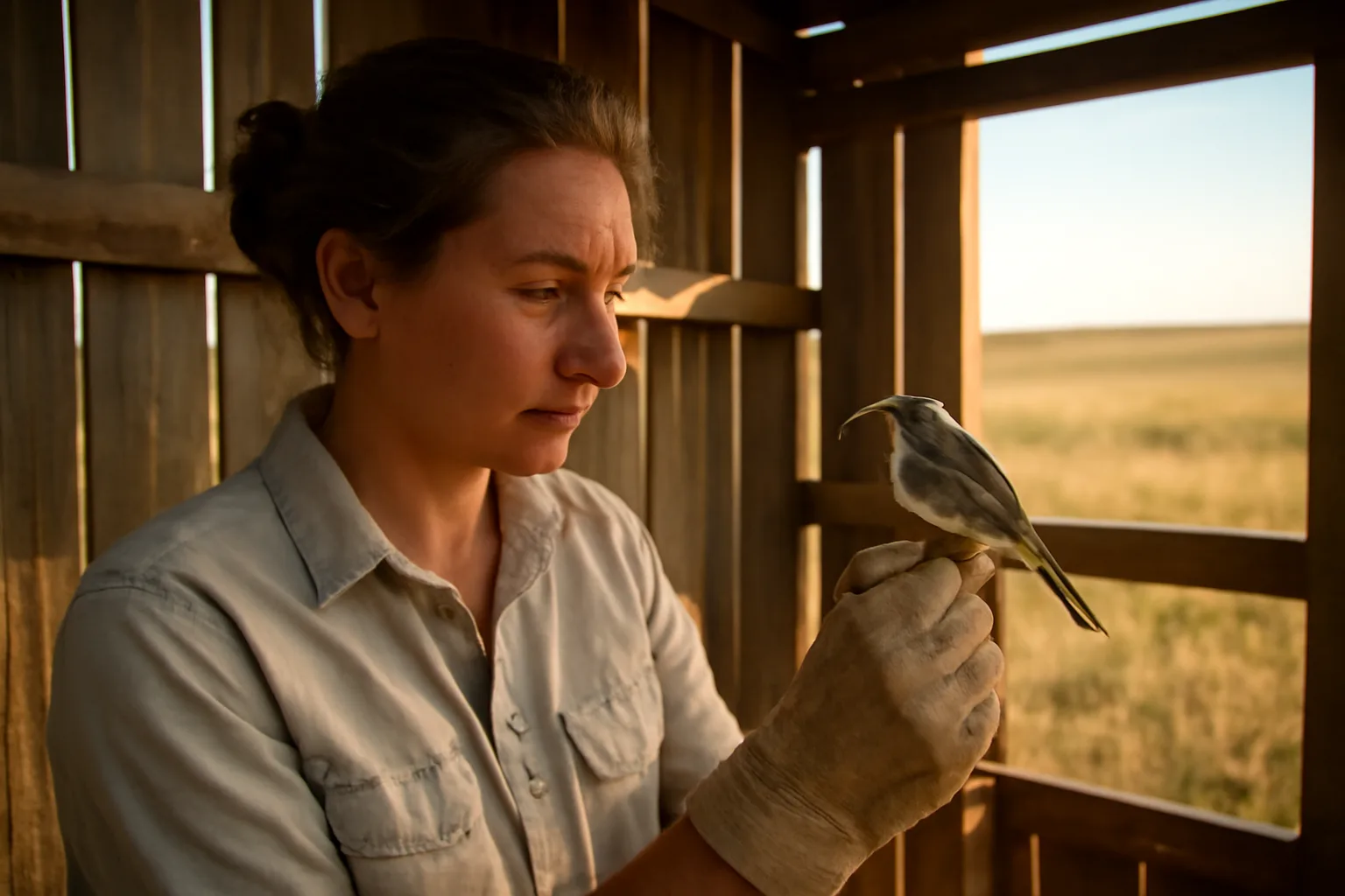 Wildlife rehabilitator holding an injured songbird inside a wooden enclosure in South Dakota