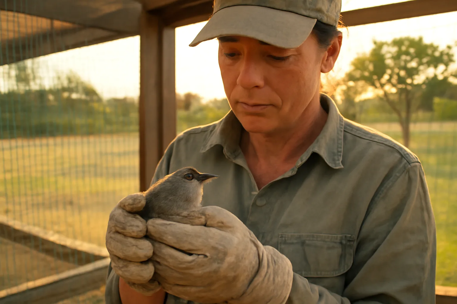 Wildlife rehabilitator holding an injured songbird inside a Texas rehabilitation enclosure